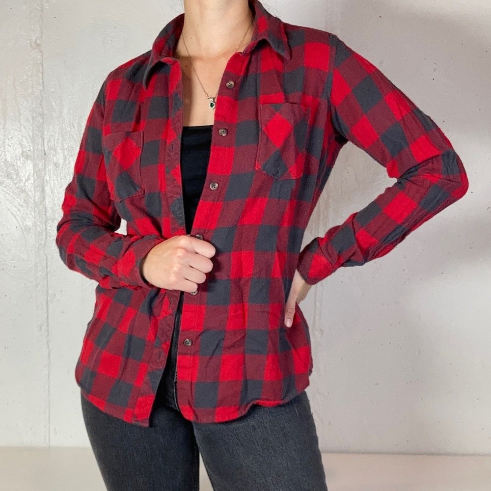 Red + Gray Buffalo Check Plaid Long Sleeve Flannel Collared Shirt - Picture 2 of 9